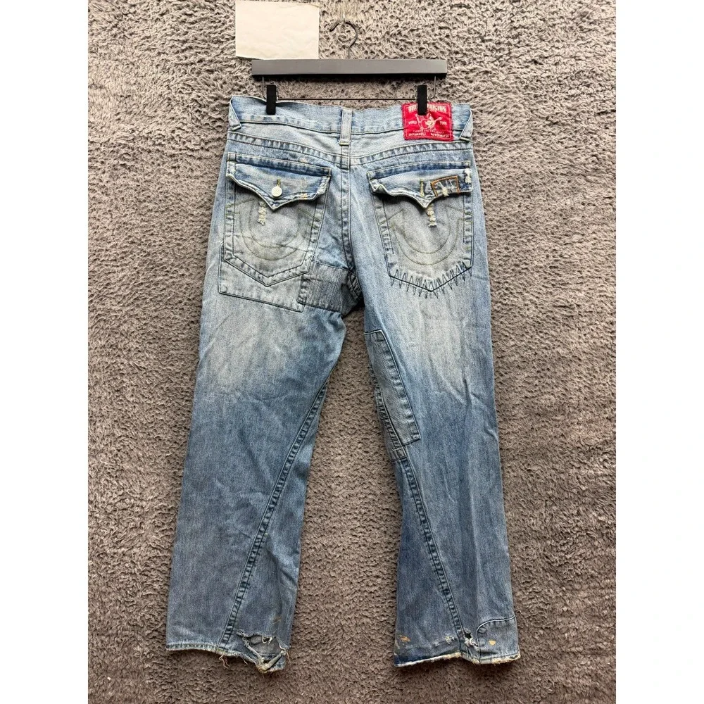 Y2k True Religion Big Rig Stone & Tint Rips Patchwork Denim Jeans Size 36 x 34